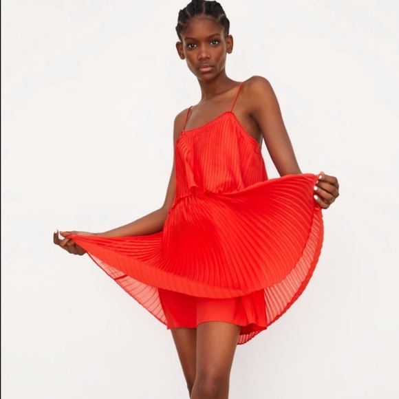 zara red pleated dress